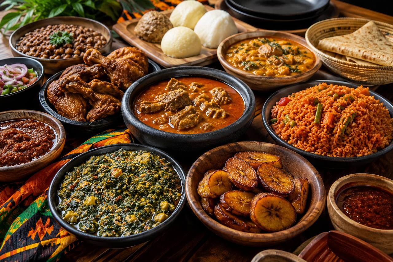 A Ghanaian food spread with local dishes and drinks