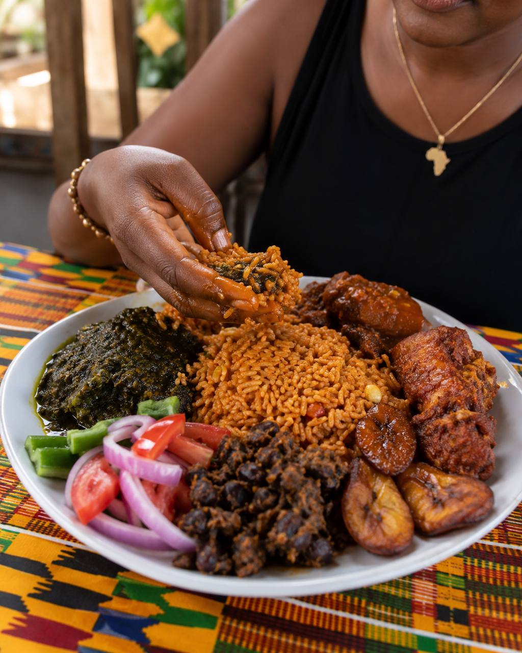 Ghanaian meal served during a curated food experience